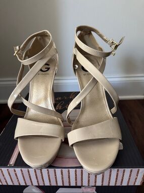 GUESS Beige Patent Strappy Block Heel Sandals